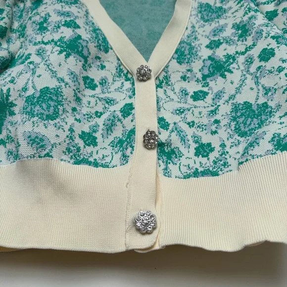 ZARA Jacquard Cream Silver Green Knit Cardigan Size Medium - Picture 2 of 4